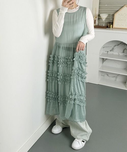 シアー素材 フリル ロングワンピース ネイビー ワンピース 夏 シアー フリルロングワンピース / Sheer Frill Long
