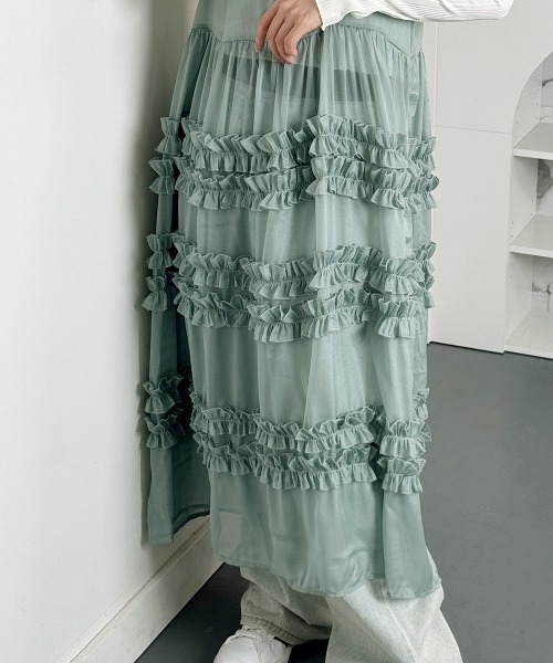 ワンピース 夏 シアー フリルロングワンピース / Sheer Frill Long