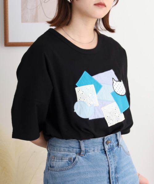 tシャツ EMAGO 異素材パッチワークＴシャツ レディース Emago tシャツ EMAGO 異素材パッチワークTシャツ レディース
