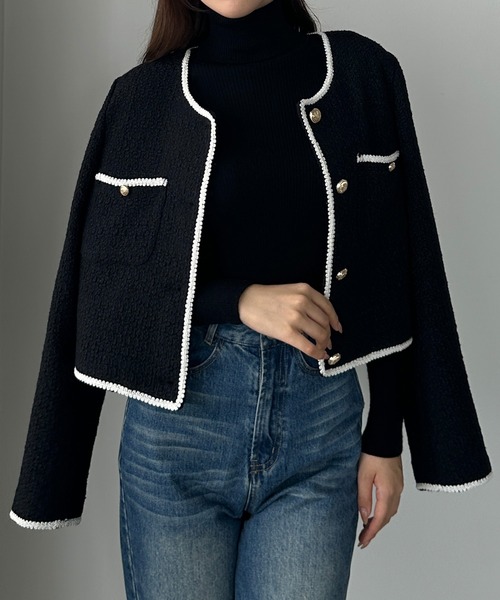 Louere（ルエレ） ジャケット ノーカラージャケット 配色ラメツイード