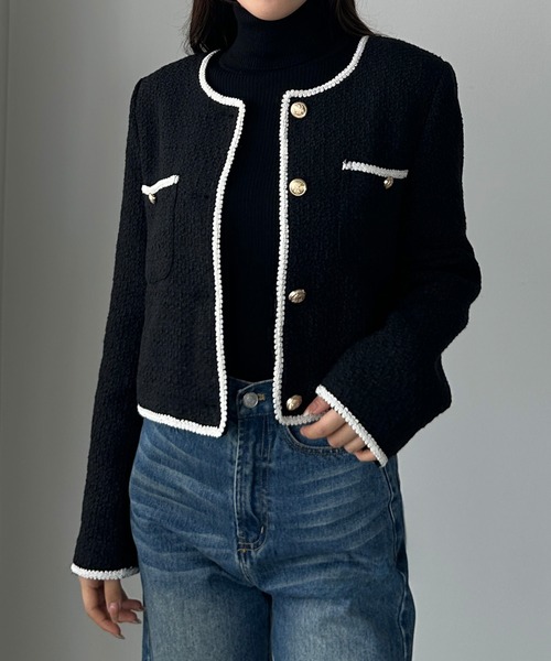 Louere（ルエレ） ジャケット ノーカラージャケット 配色ラメツイード