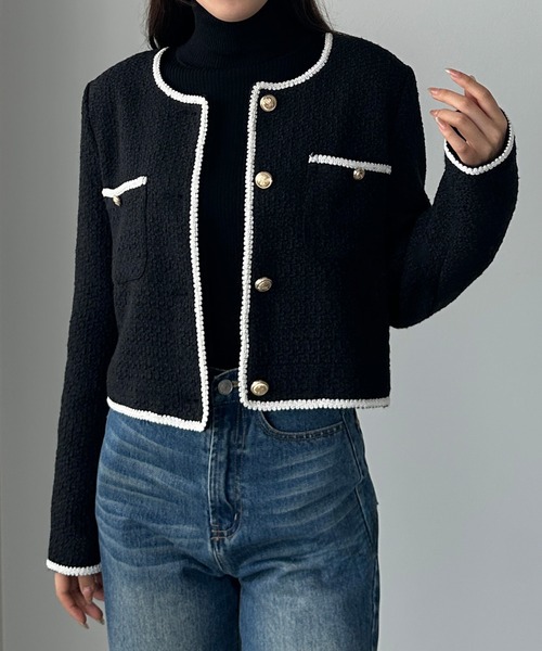 Louere（ルエレ） ジャケット ノーカラージャケット 配色ラメツイード