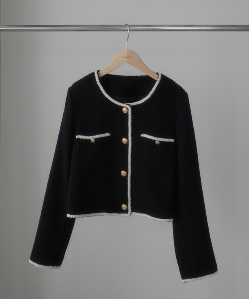 Louere（ルエレ） ジャケット ノーカラージャケット 配色ラメツイード