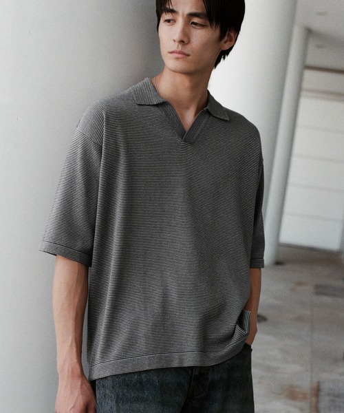 wym LIDNM PIN BORDER KNIT POLO レッド PIN BORDER KNIT POLO（ポロシャツ）｜WYM LIDNM（ウィム バイ