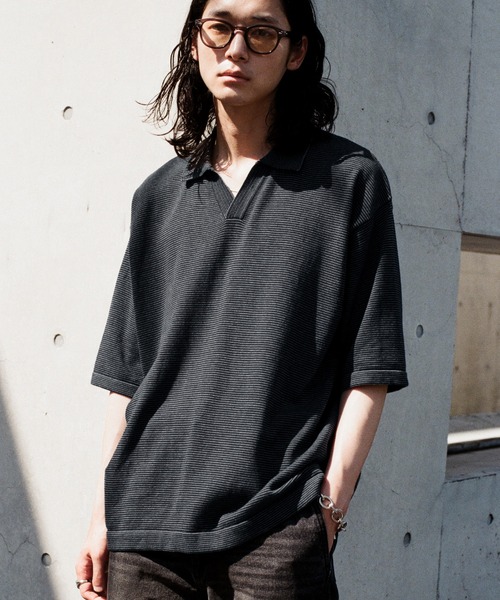 トップス wym lidnm PIN BORDER KNIT POLO M PIN BORDER KNIT POLO（ポロシャツ）｜WYM LIDNM（ウィム バイ