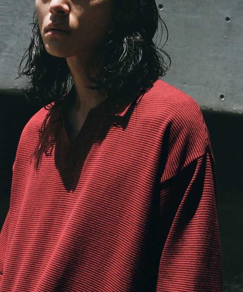 【新品・未開封】WYM LIDNM PIN BORDER KNIT POLO 赤 PIN BORDER KNIT POLO（ポロシャツ）｜WYM LIDNM（ウィム バイ