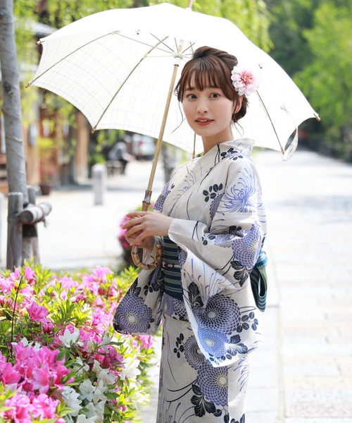 和なでしこ 浴衣 変わり織り綿麻浴衣3点セット「生成り地に紫の