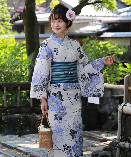 和なでしこ 浴衣 変わり織り綿麻浴衣3点セット「生成り地に紫の