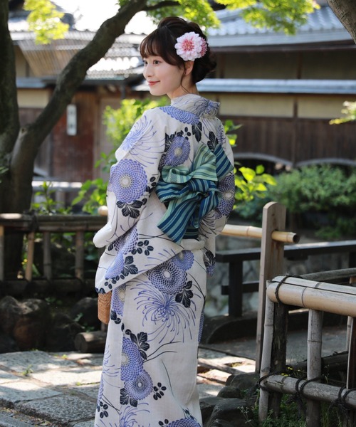 一点◯3日まで大特価○新品　むじな菊　浴衣○麻着物 綿麻○大人　浴衣○フリー 浴衣 レディース セット レトロ 高級変わり織り綿麻浴衣3点
