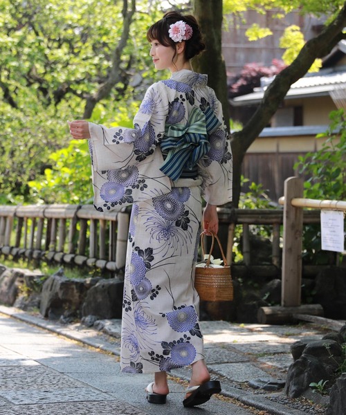 和なでしこ 浴衣 変わり織り綿麻浴衣3点セット「生成り地に紫の