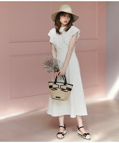 シフォン　プチハイネック　ワンピース プチハイネックシフォンプリーツレース切り替えワンピース