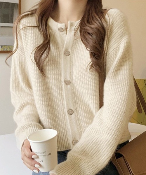 カーディガン クルーネックワッフルニットカーディガン レディース
