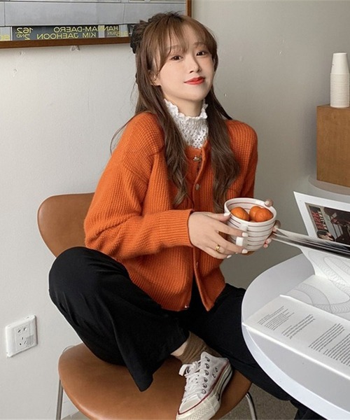 カーディガン クルーネックワッフルニットカーディガン レディース