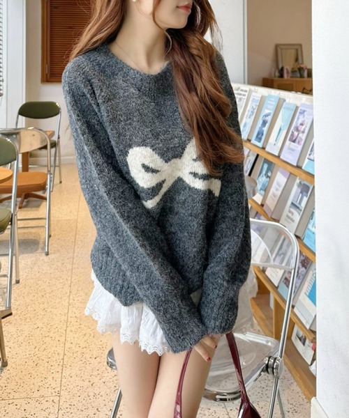 Ada. ニット セーター リボンモチーフ クルーネック モヘアタッチ