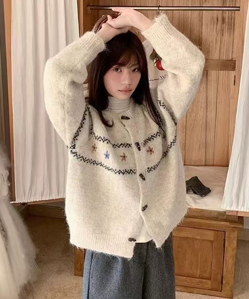 AsRiRe カーディガン ノルディックフラワーカーディガン レディース