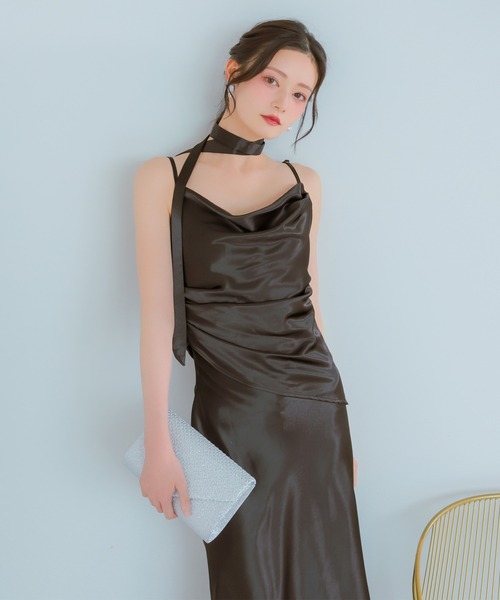 ドレス パーティードレス 二次会 リボン付き胸元ドレープデザインロング 結婚式 大きいサイズ 20代 30代 お呼ばれ