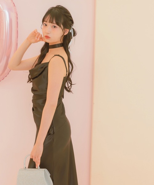 ドレス パーティードレス 二次会 リボン付き胸元ドレープデザインロング 結婚式 大きいサイズ 20代 30代 お呼ばれ