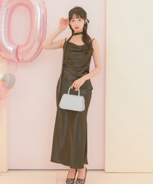 ドレス パーティードレス 二次会 リボン付き胸元ドレープデザインロング 結婚式 大きいサイズ 20代 30代 お呼ばれ