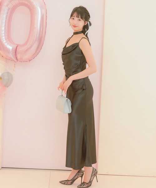 ドレス パーティードレス 二次会 リボン付き胸元ドレープデザインロング 結婚式 大きいサイズ 20代 30代 お呼ばれ