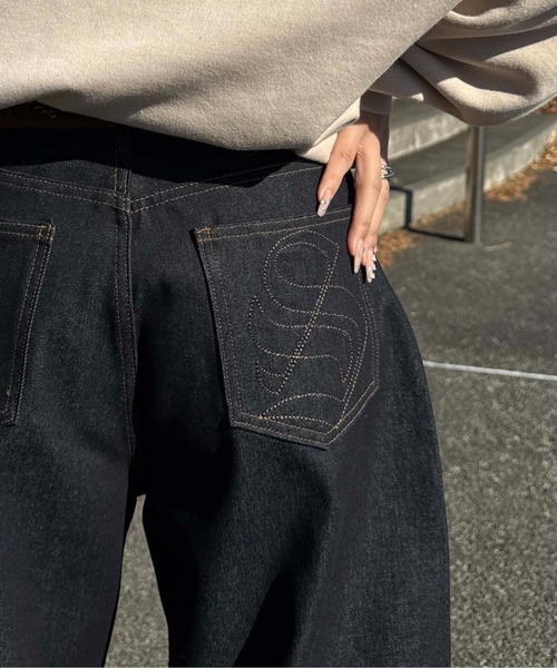 デニムパンツ ワイドシルエット ボタンフライ ワイドパンツ ジーンズ 裾ボタン配色ステッチデニム メンズ レディース