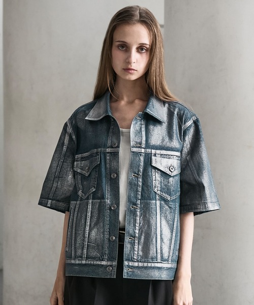 CLEL 箔プリント トラッカーデザインデニムシャツ S インディゴブルー CLEL（クレイル） シャツ 「CLEL」Foil Print Trucker Design Denim