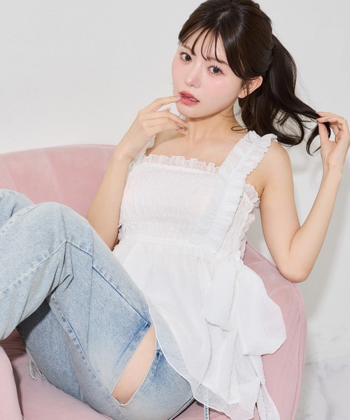 ジーンズ デニム デニムパンツ 「SMサイズ展開あり」サイドスリットフレアリボンデニムパンツ レディースの画像
