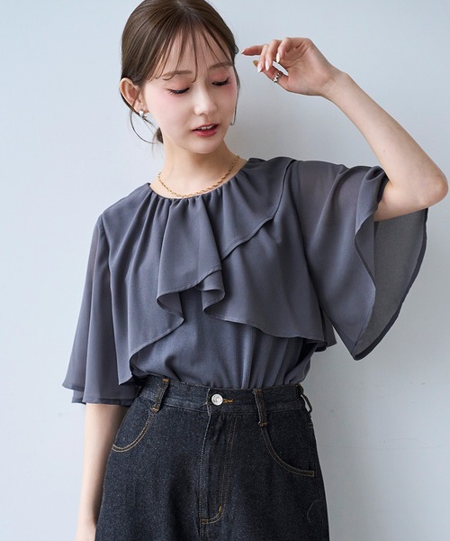 mil（ミル） tシャツ 半袖 ケープ風 フレアスリーブトップス「587209