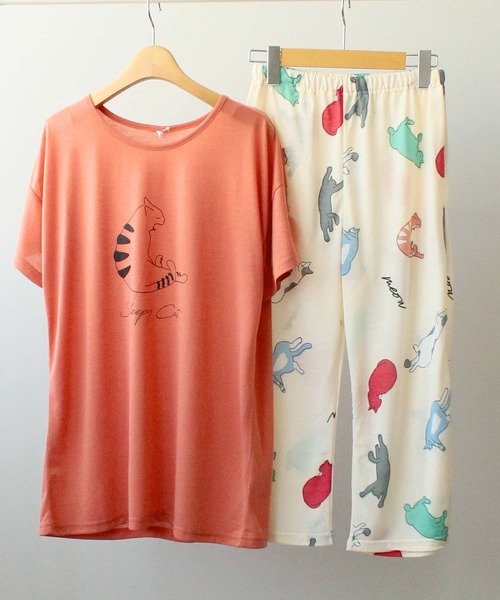 ルームウェア パジャマ 【韓国風】ネコ柄Tシャツルームウェアセット【チャモッパ】