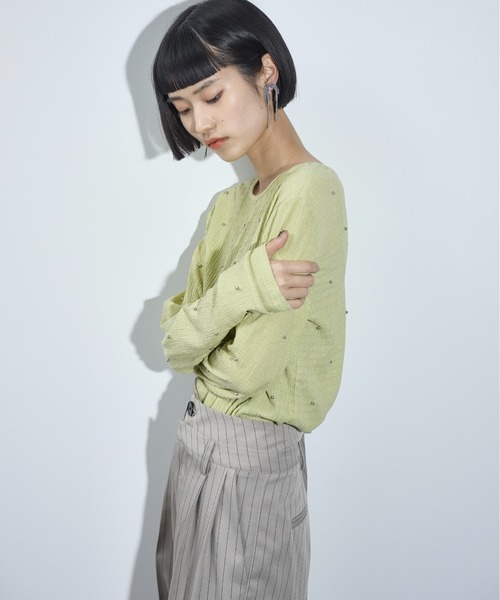 THE Yon tシャツ ドットスタッズリップルトップス レディース