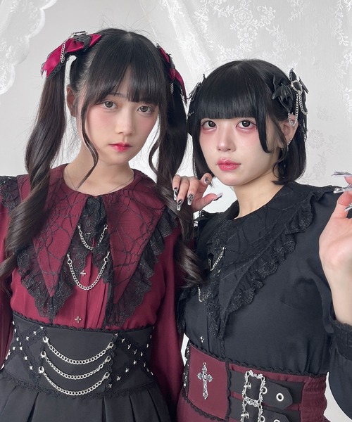 DearMyLove ブラウス シャツ 角襟クモレースチェーンブラウス