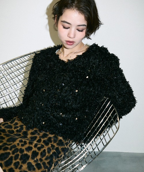 ニット セーター collarless spangle shaggy knit cardigan / ノーカラースパンコールシャギーニットカーディガン