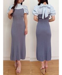ワンピース ギンガムギャザーパフスリーブニットドッキングワンピース｜ZOZOTOWN Yahoo!店