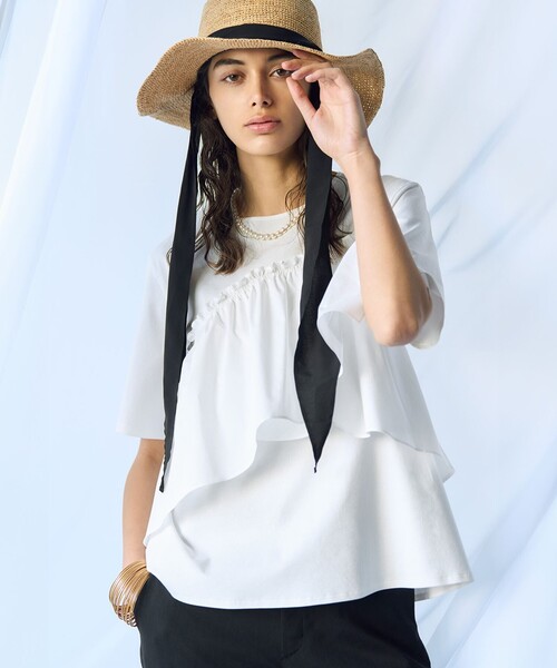 23区 ランダムフリルジャージー ドッキング カットソー 23区 tシャツ 「汗じみ防止/洗える」ランダムフリルジャージー