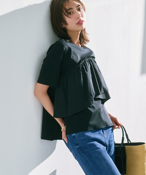 23区 【洗える】ランダムフリルジャージー ドッキング カットソー Lサイズ 23区 tシャツ 「汗じみ防止/洗える」ランダムフリルジャージー