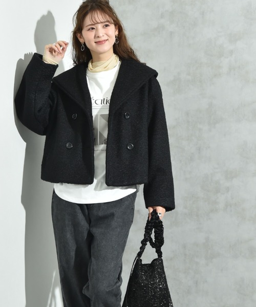 C370★自由区ピーコート女性用40黒Pコート ショート丈 アンゴラ×ウール冬物 INTERPLANET（インタープラネット） ピーコート pコート フェイク