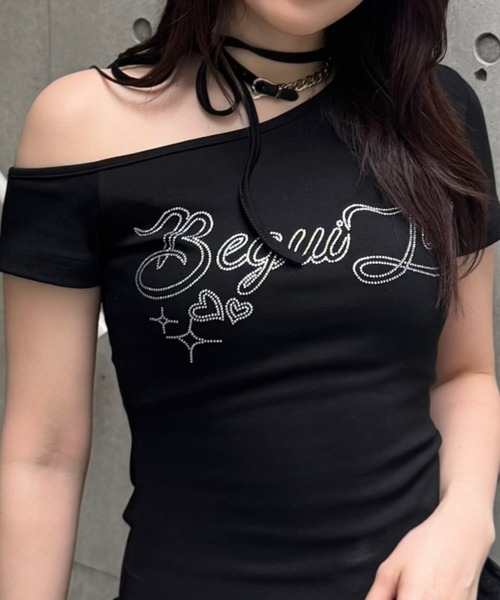 tシャツ ラインストーンワンショルダーTシャツ レディース メンズ