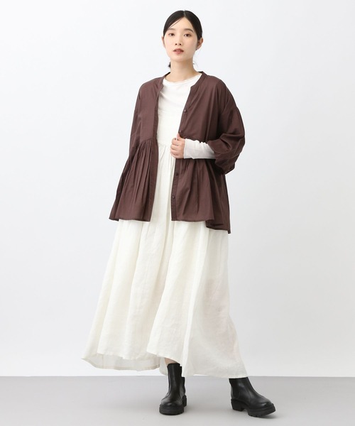 美品☆natural by clip リネンチェックギャザーワンピース studio CLIP ワンピース 「natural by clip」リネンギャザー