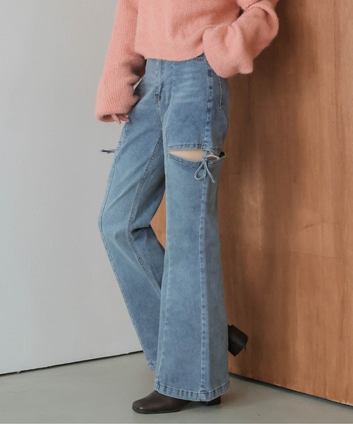 ジーンズ デニム デニムパンツ サイドカット リボンデザイン フレア