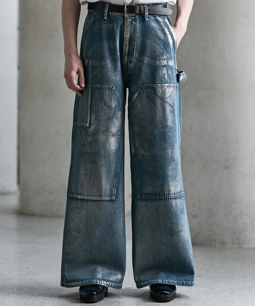 【CLEL】箔プリント ダブルニーデニムパンツ　Sサイズインディゴブルー CLEL（クレイル） ワイドパンツ ジーンズ 「CLEL」Foil Print Double