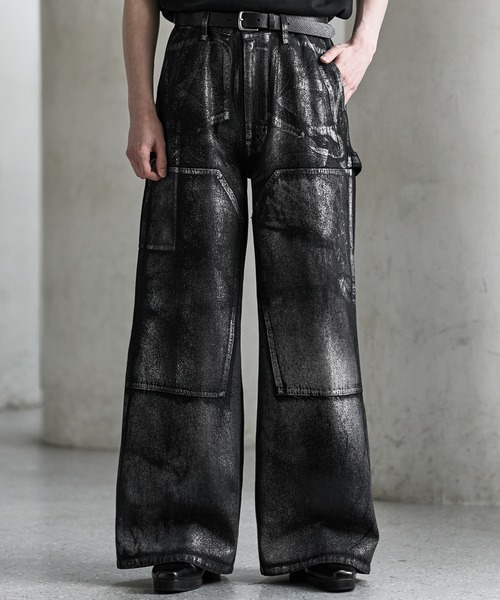 CLEL黒S 箔プリント ダブルニーデニムパンツ CLEL（クレイル） ワイドパンツ ジーンズ 「CLEL」Foil Print Double
