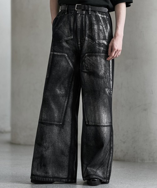 【CLEL】黒S 箔プリント ダブルニーデニムパンツ CLEL（クレイル） ワイドパンツ ジーンズ 「CLEL」Foil Print Double