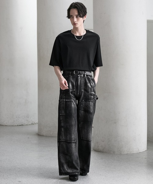 【CLEL】箔プリント ダブルニーデニムパンツ Sサイズ CLEL（クレイル） ワイドパンツ ジーンズ 「CLEL」Foil Print Double