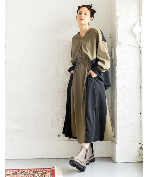「OSMOSIS」 「loaf」長袖ワンピース ONE SIZE カーキ レディース_画像2