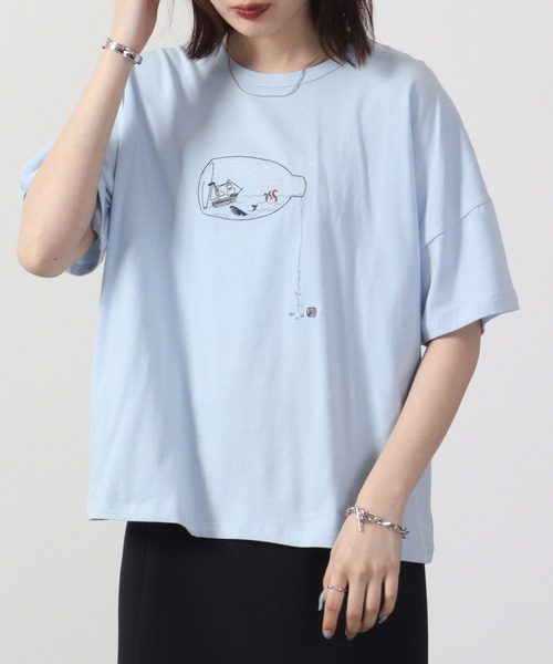 tシャツ EMAGO ボトルシップ刺繍5分袖Tシャツ レディース Emago tシャツ EMAGO ボトルシップ刺繍5分袖Tシャツ レディース