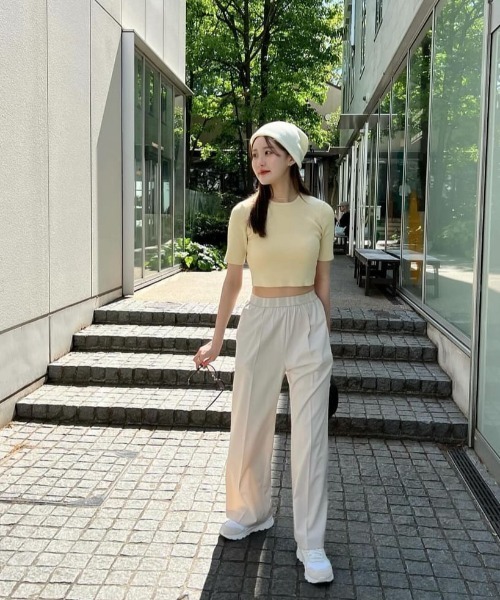 emmi スラックス パンツ ジャガードゴムタックパンツ レディース