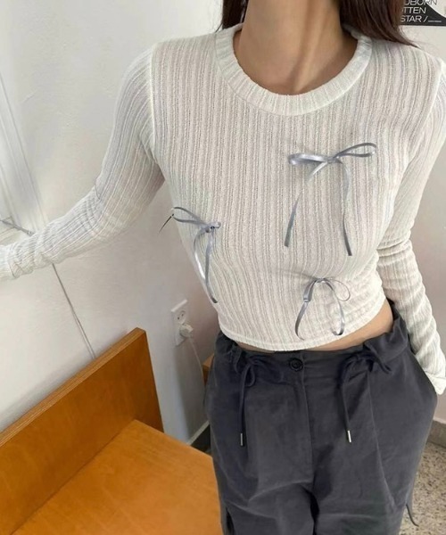 LADY LIKE tシャツ リボン付きカットトップス レディース