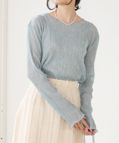 TAN SPARKLED TEE ラメシアーカットソー BAB tシャツ ラメプリーツシアートップス レディース : ZOZOTOWN