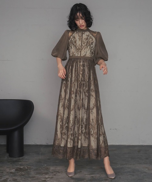 ブラウン レース マキシドレス オケージョン LL GIRL DRESS FOR NOW ドレス 総レースハイネックバルーンスリーブ