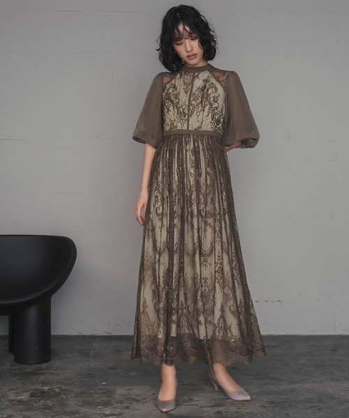 パーティードレス　レースワンピース ベージュ バルーンスリーブ GIRL DRESS FOR NOW ドレス 総レースハイネックバルーンスリーブ