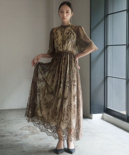 reja ドレス　結婚式　お呼ばれ　パーティー GIRL DRESS FOR NOW ドレス 総レースハイネックバルーンスリーブ